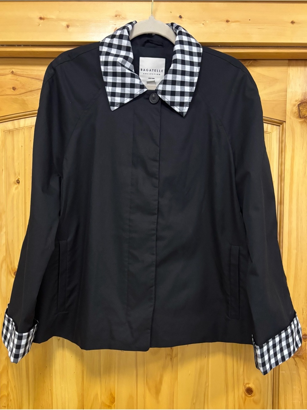 bagatelle Black Trench Coat with Black & White Check Trim, NWOT